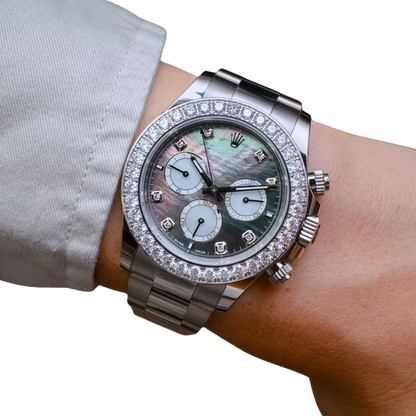 Daytona 40mm Oyster White Gold Black and White Mother of Pearl Diamond Dial & Bezel 126579RBR