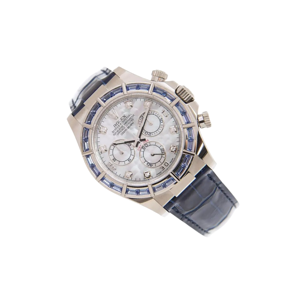 Cosmograph Daytona 40mm 116589SACI White Gold Blue Sapphire Bezel White Mother of Pearl Diamond Dial