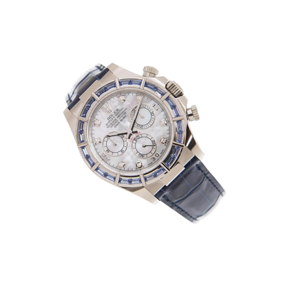 Cosmograph Daytona 40mm 116589SACI White Gold Blue Sapphire Bezel White Mother of Pearl Diamond Dial