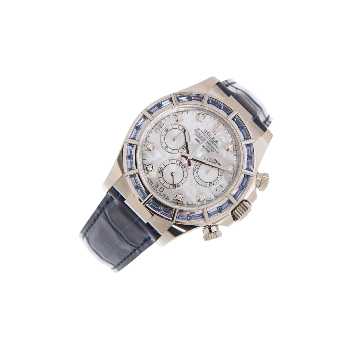 Cosmograph Daytona 40mm 116589SACI White Gold Blue Sapphire Bezel White Mother of Pearl Diamond Dial