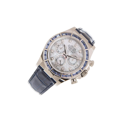 Cosmograph Daytona 40mm 116589SACI White Gold Blue Sapphire Bezel White Mother of Pearl Diamond Dial
