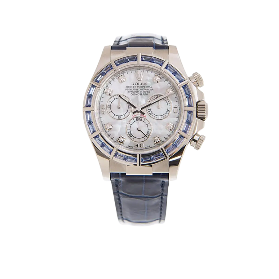 Cosmograph Daytona 40mm 116589SACI White Gold Blue Sapphire Bezel White Mother of Pearl Diamond Dial
