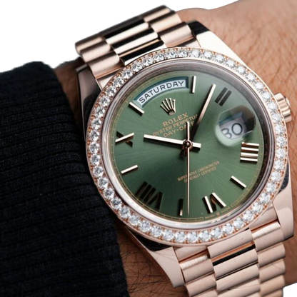 Day-Date President 40mm Everose Gold Olive Green Roman Dial Diamond Bezel - 228345RBR - New 2025