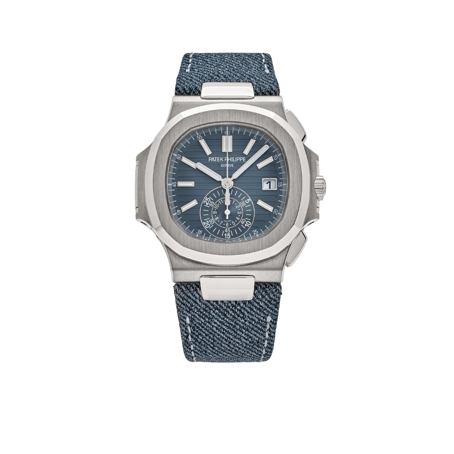 Nautilus 40mm 5980/60G-001 Flyback Chronograph White Gold Blue Dial Denim Strap