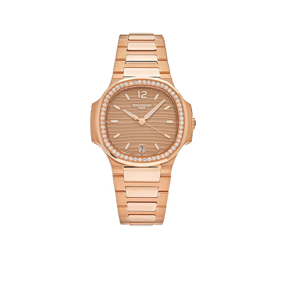Nautilus Ladies 35mm 7118/1200R-010 Rose Gold Golden Dial Diamond Bezel