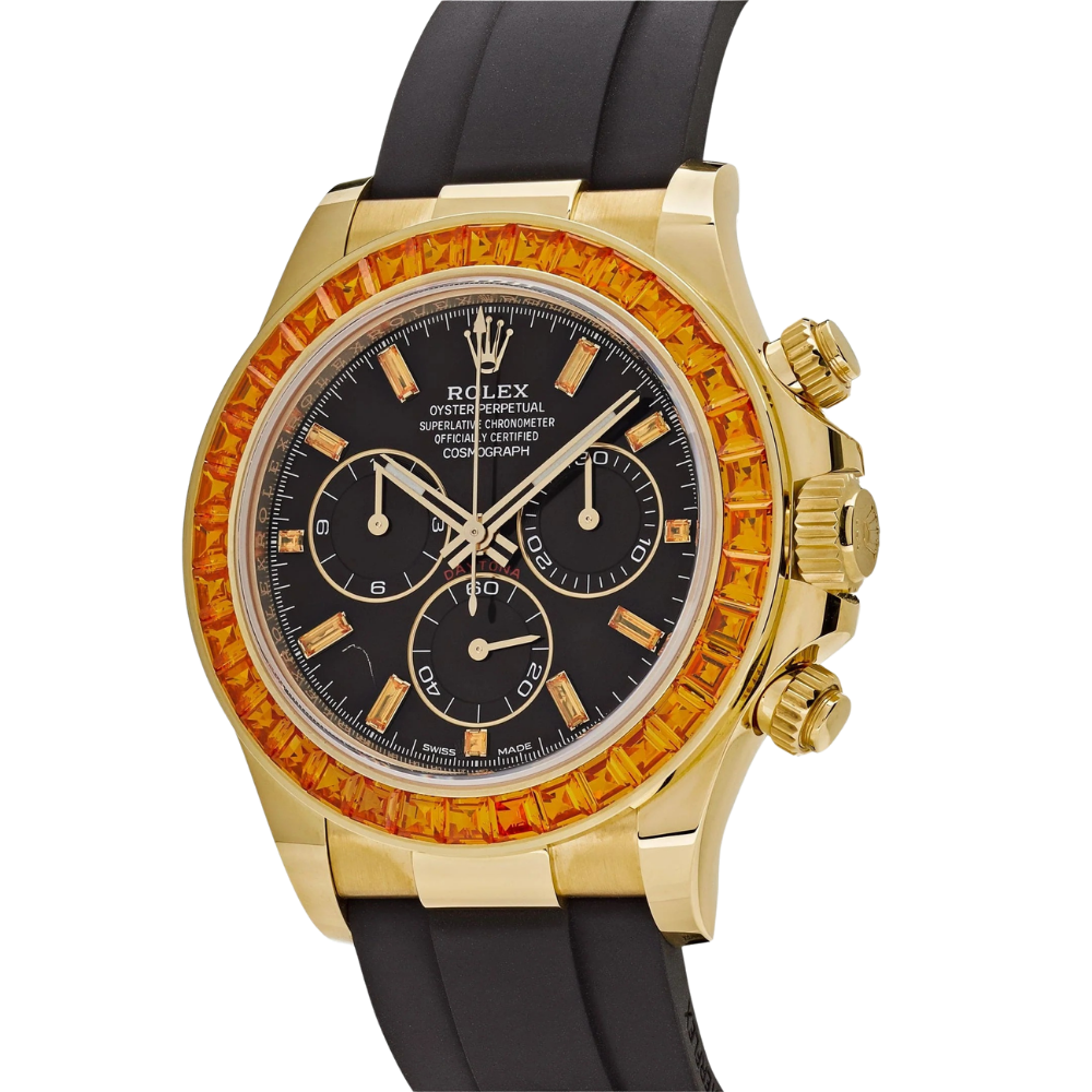 Daytona 116588SACO Yellow Gold Orange Sapphire Bezel Black Diamond Dial