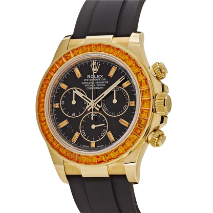 Daytona 116588SACO Yellow Gold Orange Sapphire Bezel Black Diamond Dial