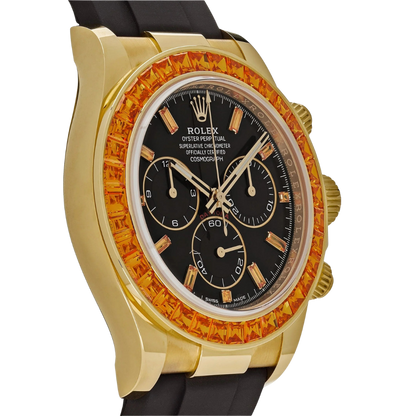 Daytona 116588SACO Yellow Gold Orange Sapphire Bezel Black Diamond Dial