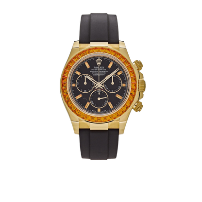 Daytona 116588SACO Yellow Gold Orange Sapphire Bezel Black Diamond Dial