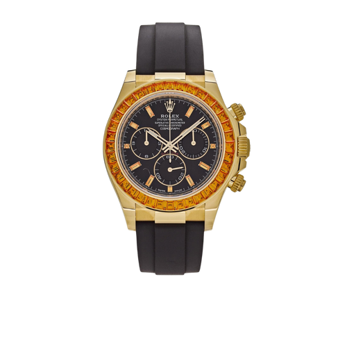 Daytona 116588SACO Yellow Gold Orange Sapphire Bezel Black Diamond Dial
