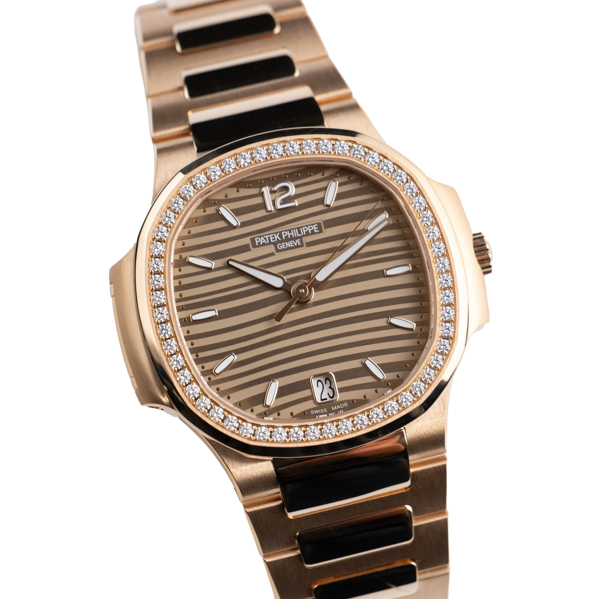 Nautilus Ladies 35mm 7118/1200R-010 Rose Gold Golden Dial Diamond Bezel