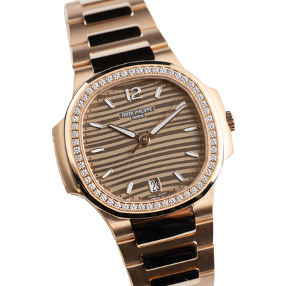 Nautilus Ladies 35mm 7118/1200R-010 Rose Gold Golden Dial Diamond Bezel