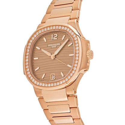 Nautilus Ladies 35mm 7118/1200R-010 Rose Gold Golden Dial Diamond Bezel
